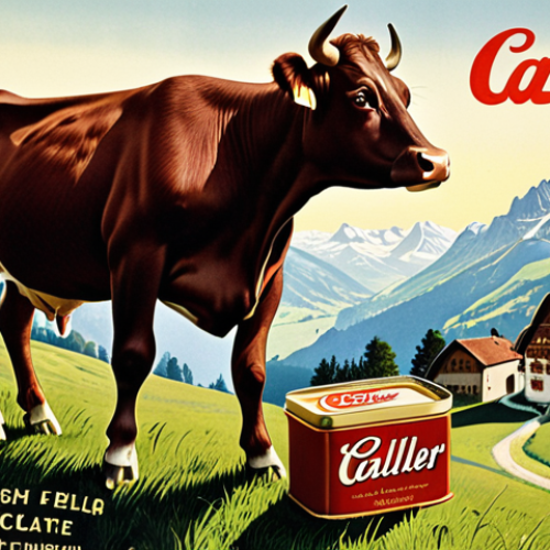**

A vintage-style advertisement for Cailler chocolate, showcasing its rich history and Swiss heritage. The ad features classic packaging, a Swiss landscape backdrop, and emphasizes high-quality ingredients like fresh milk from Swiss cows. The overall feel should be nostalgic and elegant.

**