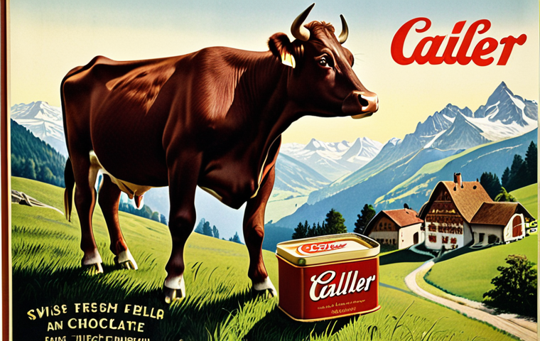 **
A vintage-style advertisement for Cailler chocolate, showcasing its rich history and Swiss heritage. The ad features classic packaging, a Swiss landscape backdrop, and emphasizes high-quality ingredients like fresh milk from Swiss cows. The overall feel should be nostalgic and elegant.
**