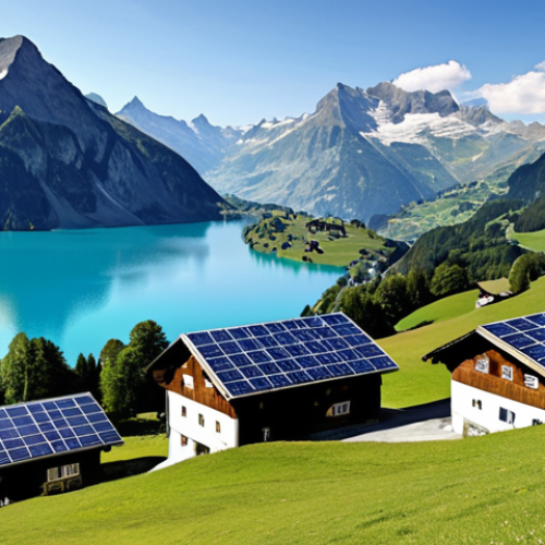 **Image Prompt:** A panoramic view of the Swiss Alps, with solar panels integrated into traditional chalets on the slopes, wind turbines subtly placed on a distant ridge, and a pristine alpine lake in the foreground reflecting the sky. Capture the essence of sustainable energy harmonizing with the natural beauty of Switzerland.